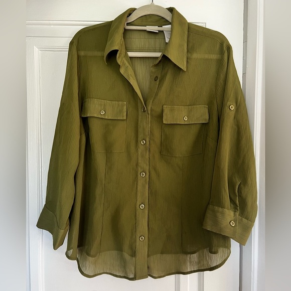 Emma James 16W Sheer Olive Green Blouse Plus Size Button Down Lightweight Top - Picture 8 of 8